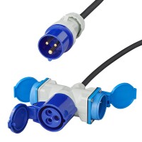 Adapterkabel 150cm 3x1,5mm² von CEE Stecker nach 2xSchuko + 1xCEE Steckdose