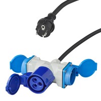Adapterkabel 150cm 3x1,5mm² von Schuko Stecker nach 1xCEE + 2xSchuko Steckdose