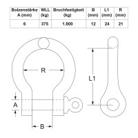 Geschweifte Schäkel 6mm, A4 RVS AISI 316, 1.500 daN